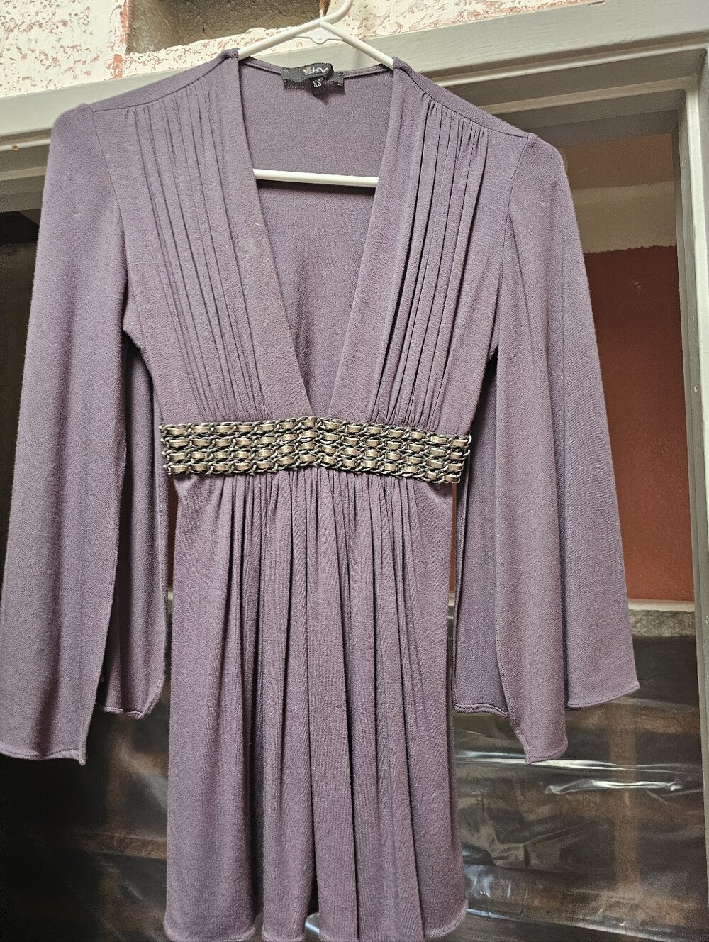 Sky Top Gray Pleated V-Neck Empire Waist Dress with Metallic Waistband